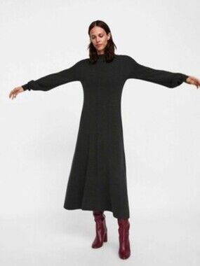 Zara Knit Wool Blend Olive Green A Line Sweater Dress